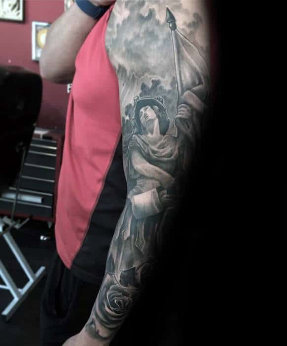 Shaded Woman Holding Flag Guys Sweet Full Sleeve Tattoo