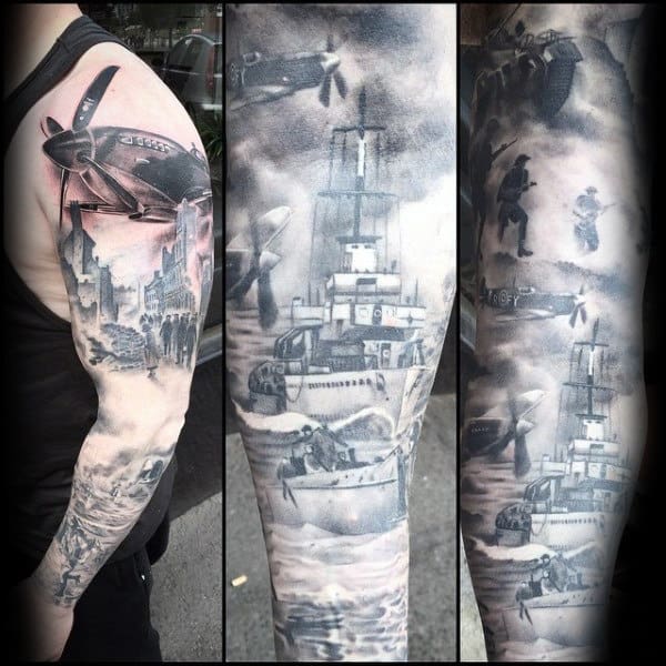 Shaded Ww2 Navy Ship Mens Full Arm Sleeve Tattoos