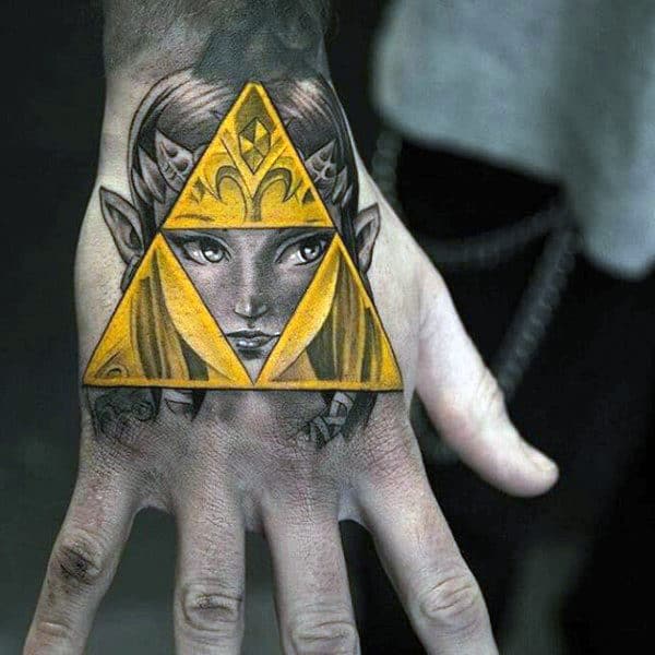 Shaded Yellow Triforce Guys Zelda Hand Tattoos