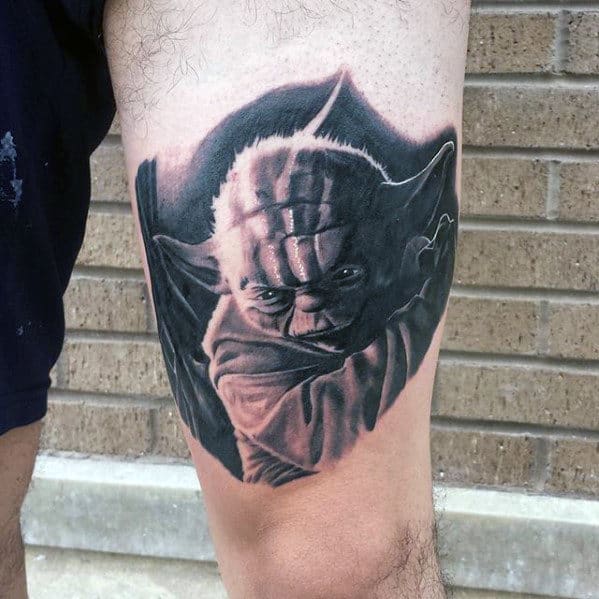Shaded Yoda Thigh Mens Black And Grey Ink Tattoos
