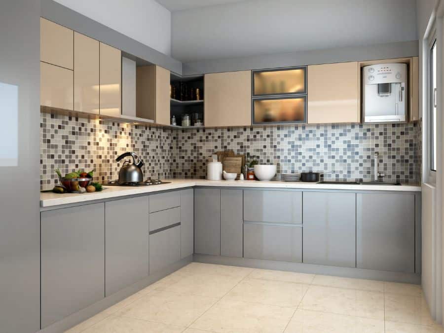 gray cabinet kitchen mosaic backsplash