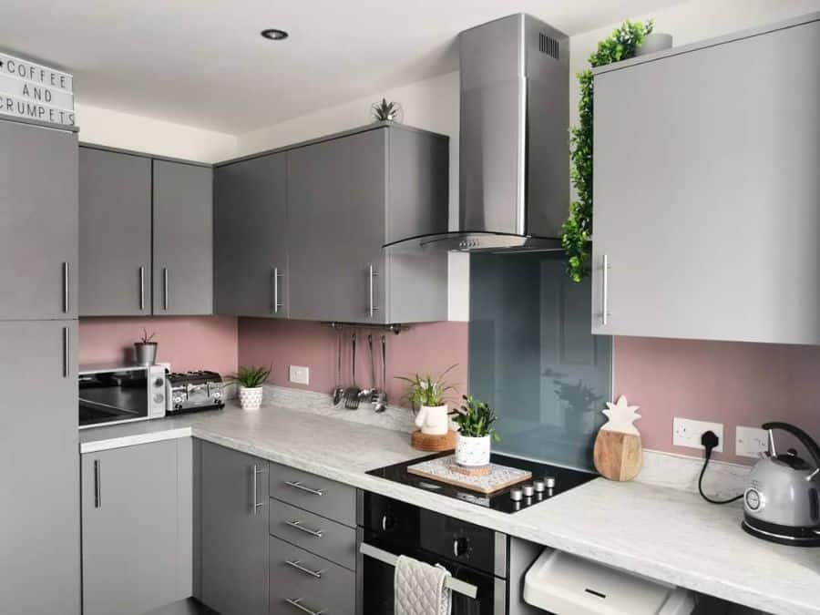 Modern kitchen with sleek grey cabinets, pink backsplash, and a pop of greenery for contrast.