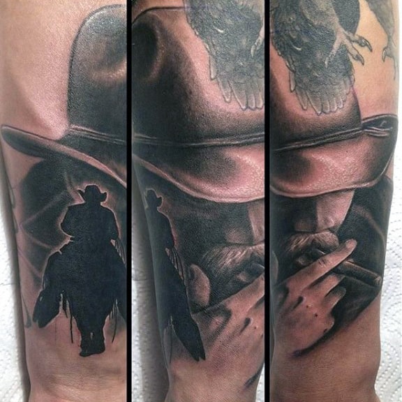 Shadow And Cowboy Smoking Shaded Tattoo For Men