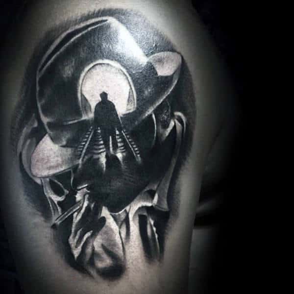 Shadow Gangster On Railroad Tracks Mens Upper Arm Tattoos