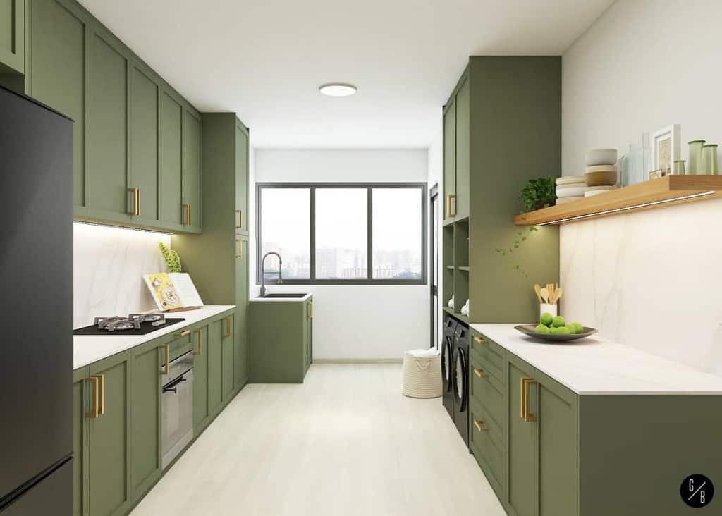modern shaker galley kitchen green cabinets gold accents wood wall shelf