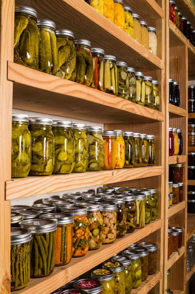 shallow pantry shelving with jars