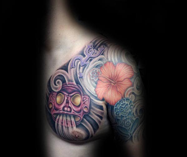 Shaman Blowing Wind Guys Taino Chest Tattoo Ideas