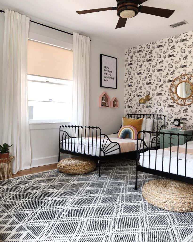 twin black framed beds rabbit wallpaper gray and white pattern rug