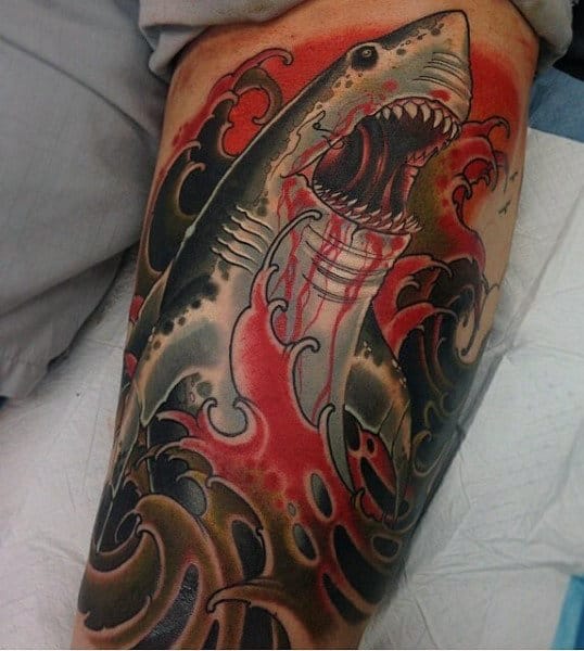 Shark Bite Tattoo For Men With Red Blood Ink
