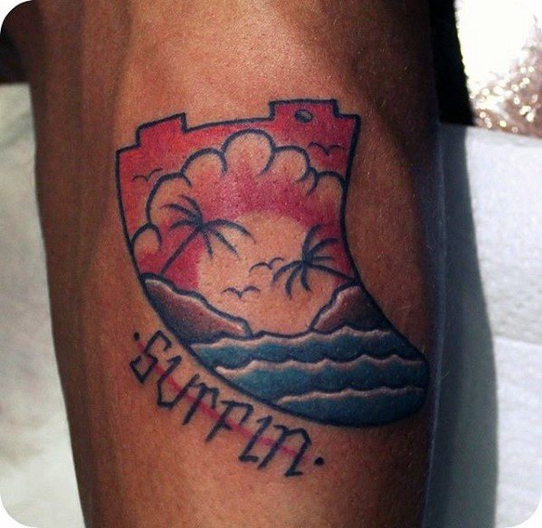 Shark Fin With Beach Landscape Mens Traditional Old School Arm Tattoo