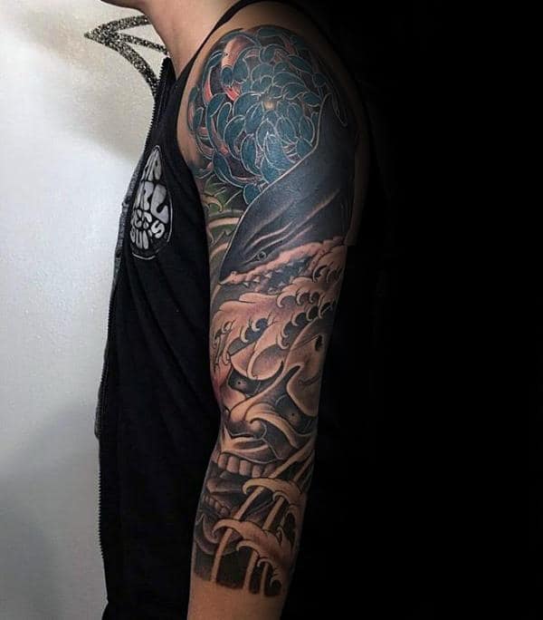 Shark Hannya Mask Mens Sleeve Tattoo Ideas