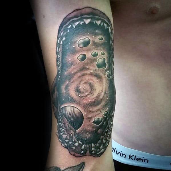 Shark Jaw Outer Space Themed Male Inner Arm Tattoos