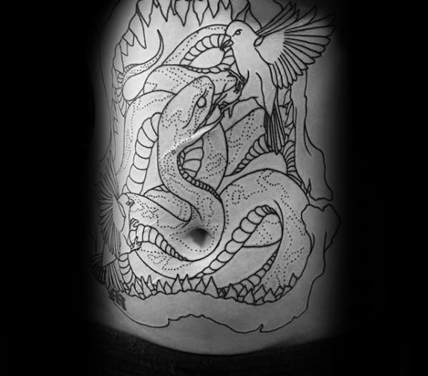 Shark Jaw With Snake And Bird Guys Old School Full Chest Tattoos