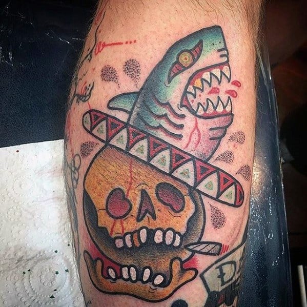 Shark Sombrero With Skull Guys Small Colorful Leg Tattoos