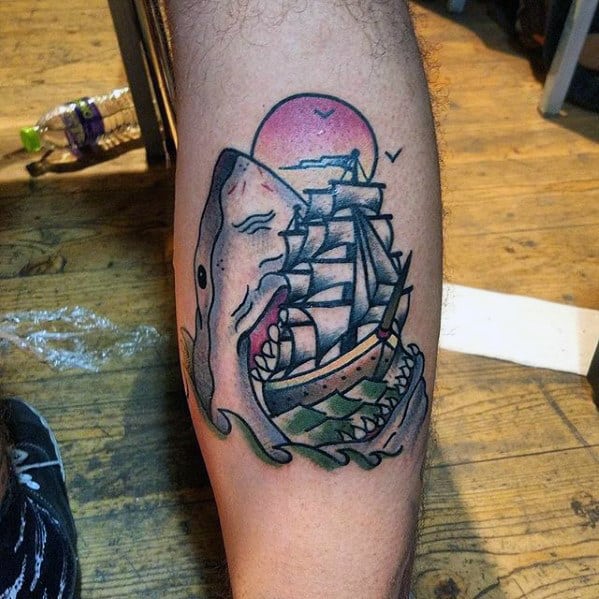 Shark Swallowing Sialing Ship Guys Traditional Leg Calf Tattoos