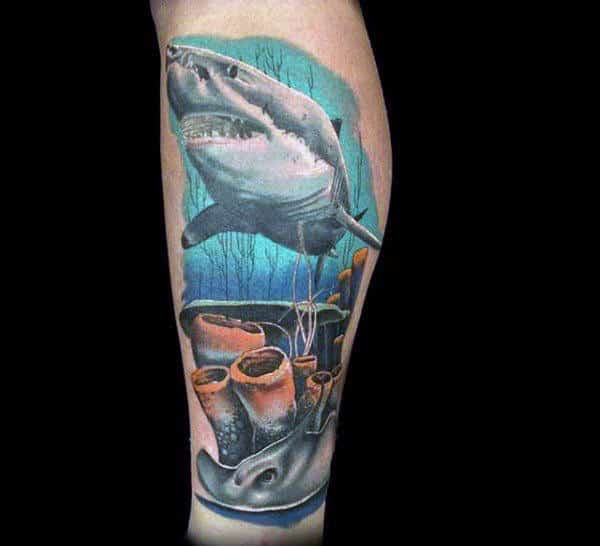 Shark Swimming Through Coral Reef Mens Leg Tattoos