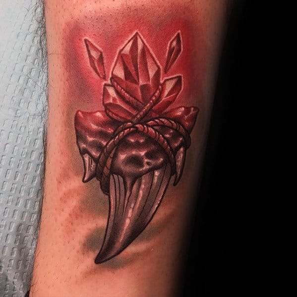 Shark Tooth With Red Crystal Mens Forearm Tattoo