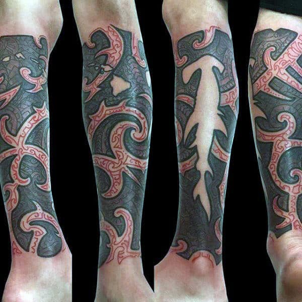 Shark Tribal Negative Space Guys Sleeve Leg Tattoo