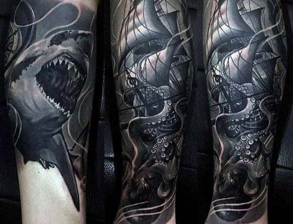 Shark With Kraken Badass Guys Forearm Sleeve Tattoos