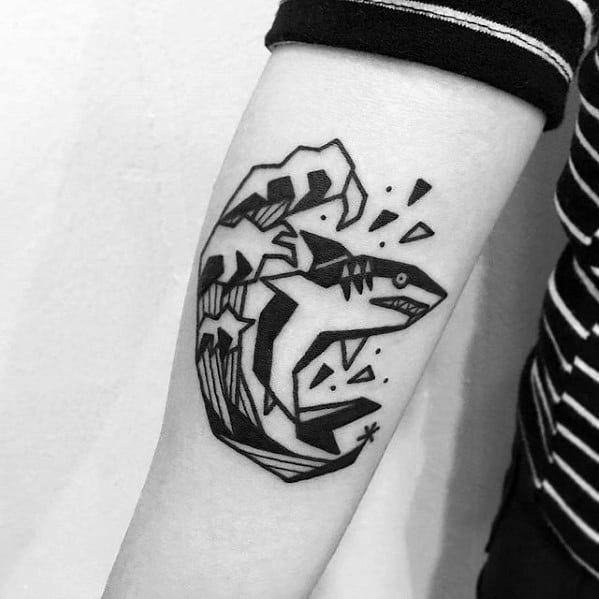 Shark With Ocean Wave Cool Guys Small Inner Forearm Tattoos