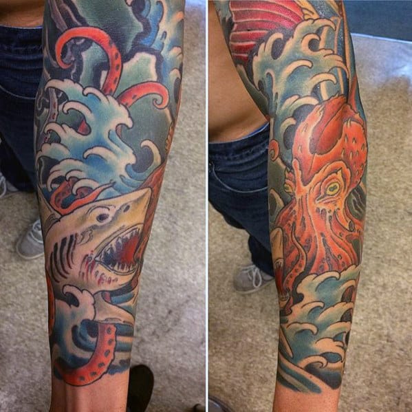 Shark With Octopus Guys Japanese Sleeve Tattoo Designs