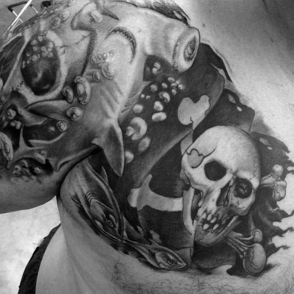 Shark With Pirate Flag Underwater Mens Upper Chest Tattoo