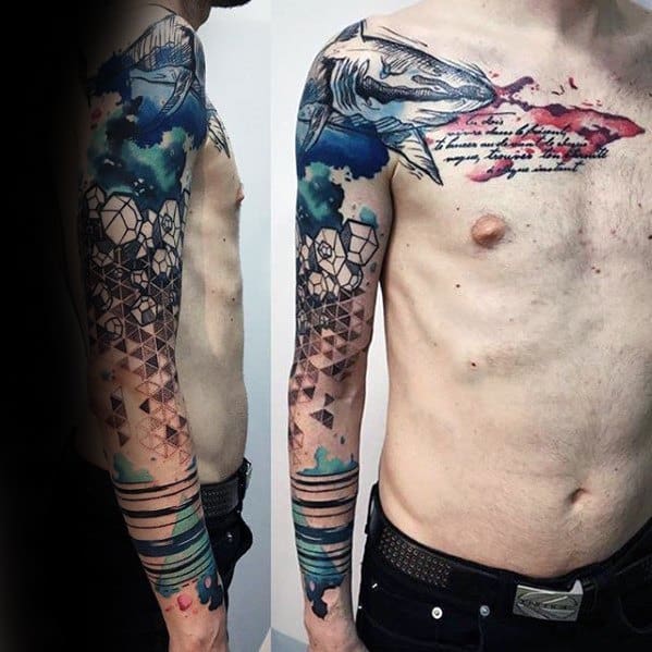 Shark With Quote Mens Artsy Watercolor Chest And Arm Tattoos