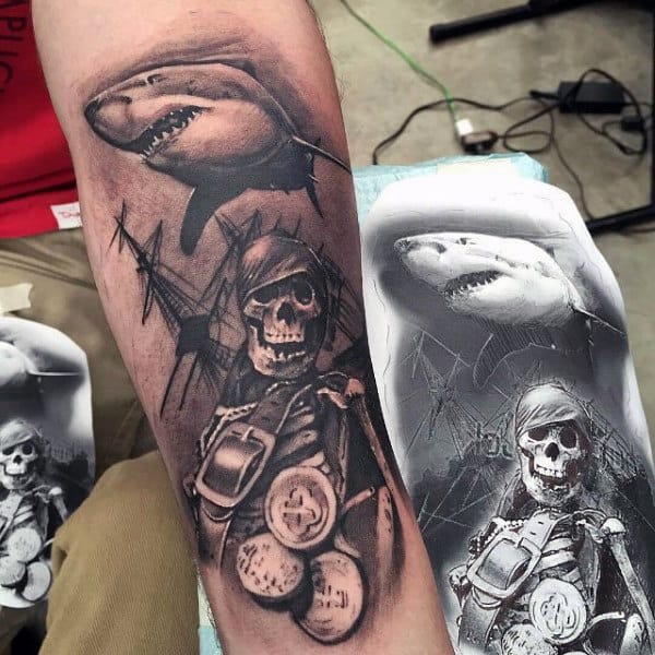 Shark With Skeleton Pirate Modern Forearm Tattoos For Men