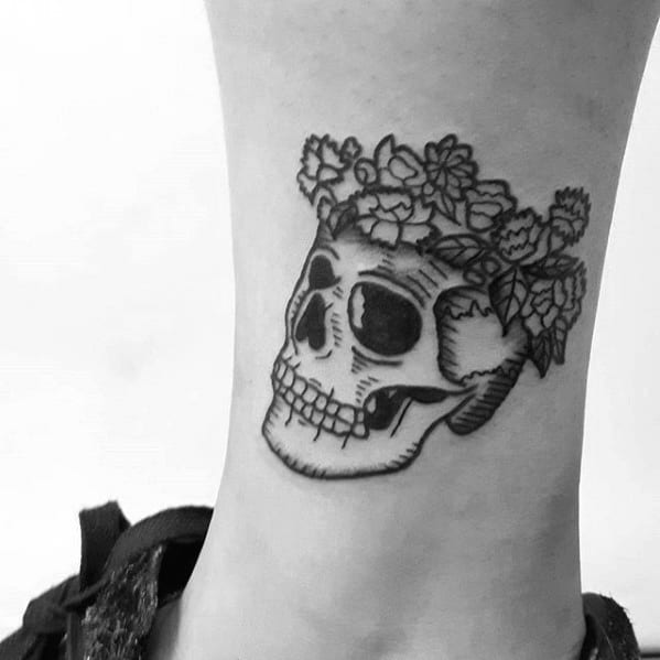 Sharp Ankle Skull With Flower Head Male Tattoo Ideas