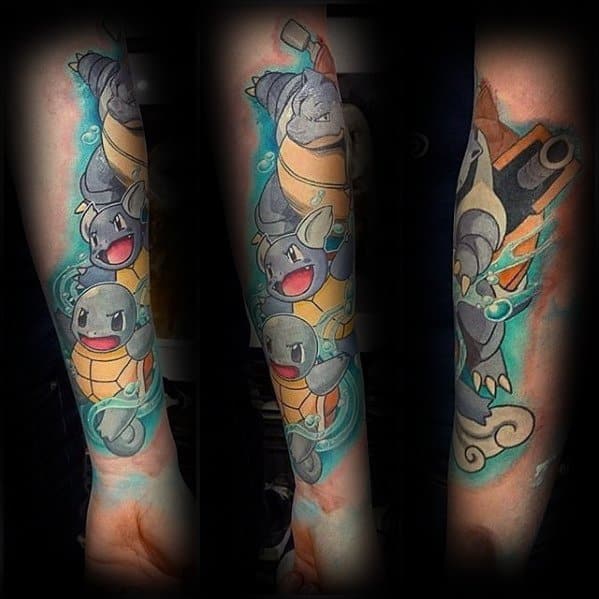 Flowing water-themed forearm tattoo of Squirtle, Wartortle, and Blastoise with soft watercolor tones and playful motion effects.