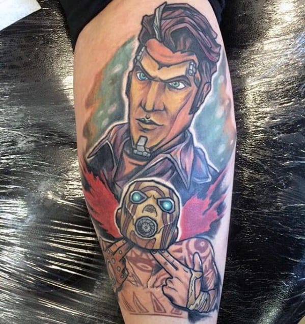 Colorful tattoo featuring Handsome Jack above a Psycho Bandit with glowing blue eyes, set against a red and blue background with bold shading.