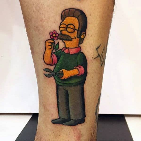 Bright and cheerful tattoo of Ned Flanders from The Simpsons holding garden shears and smelling a flower with a content smile on his face.