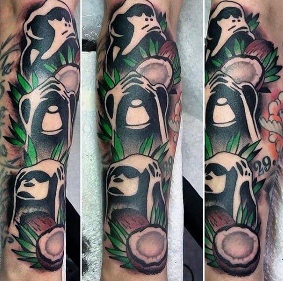 Vibrant tattoo sleeve featuring a group of stylized black and white bears with coconuts and tropical leaves, wrapping around the forearm.