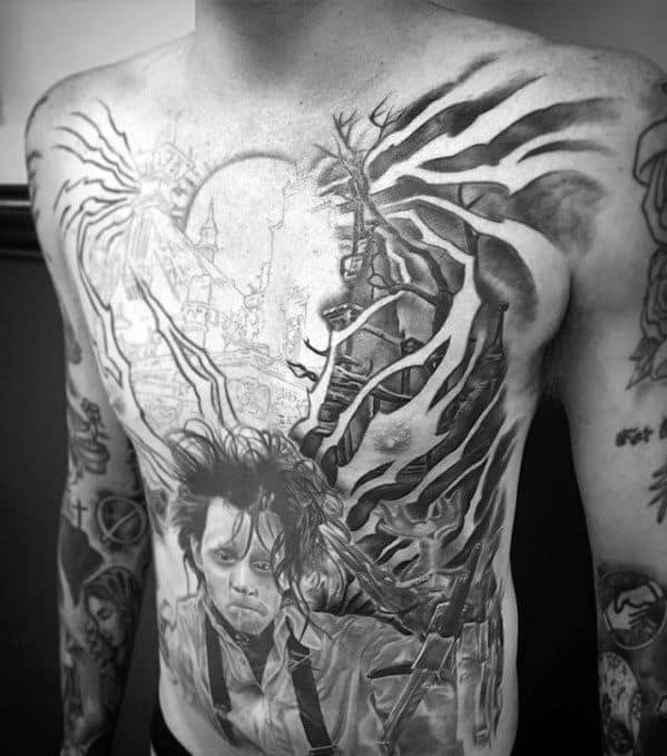 Sharp Edward Scissorhands Themed Portrait Full Chest Male Tattoo Ideas