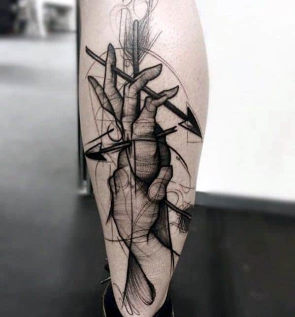 Tattoo of two hands intertwined and pierced by arrows, with abstract sketch-style lines creating a sense of motion and emotion.