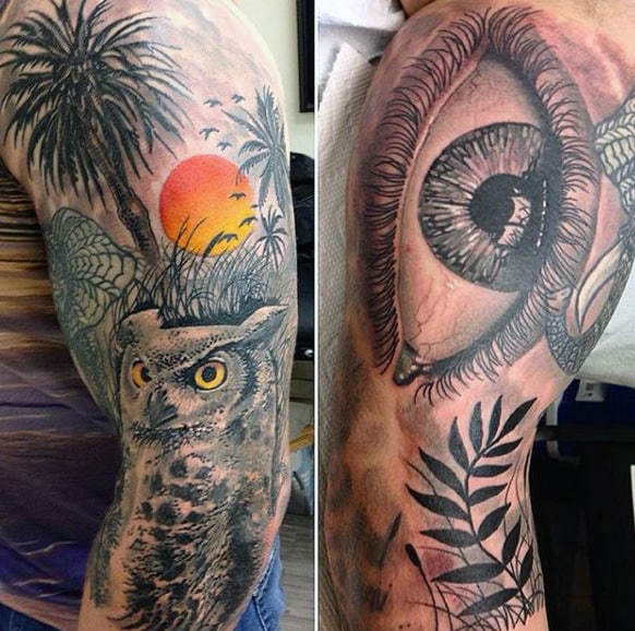 Sharp Eyed Owl Palm Tree Tattoo On Arms For Men