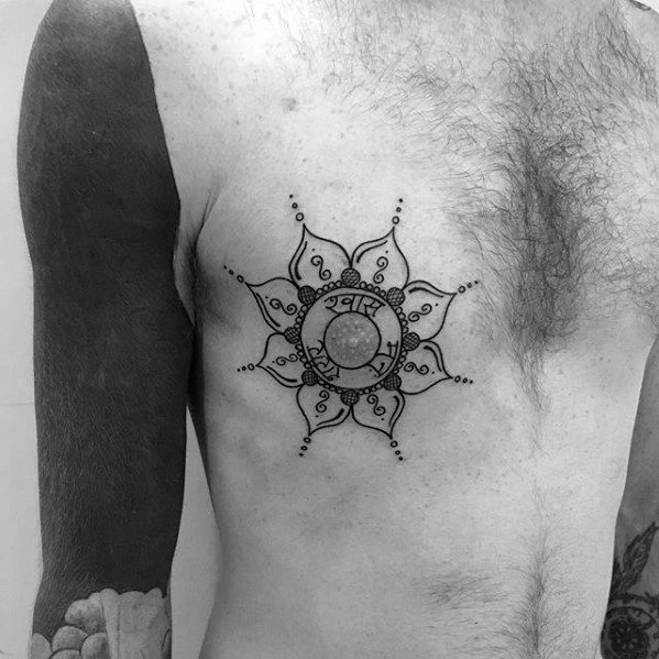 Sharp Flower Chest Sanskrit Male Tattoo Ideas