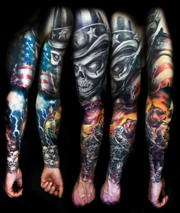 Full sleeve tattoo featuring a dark skull-faced Uncle Sam, stormy skies, soldiers in combat, and vivid American flag elements throughout.