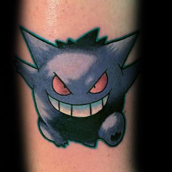 Classic Gengar tattoo with a soft purple gradient, bold outlines, red eyes, and a mischievous grin for a clean and playful look.