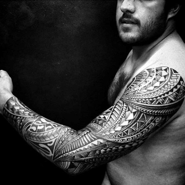 Sharp Hawaiian Sleeve Awesome Tribal Male Tattoo Ideas
