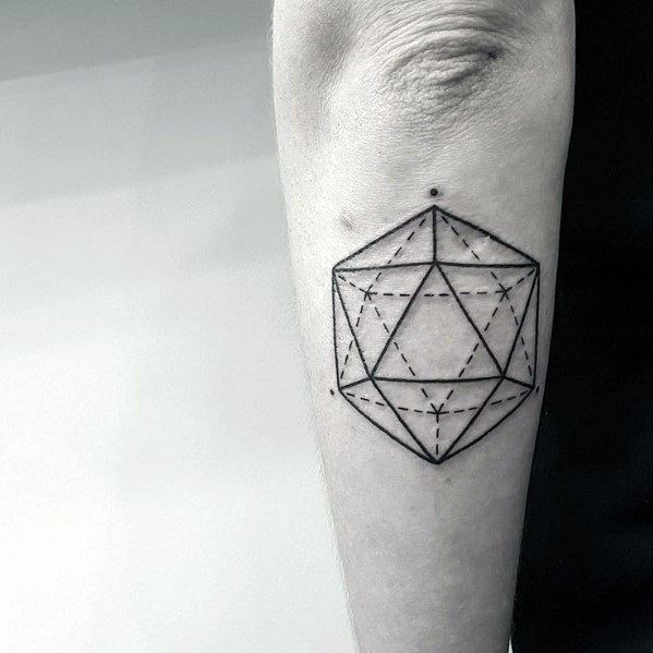 Minimalist icosahedron tattoo on forearm with fine solid and dashed lines, aligned with small dot markers above and below.