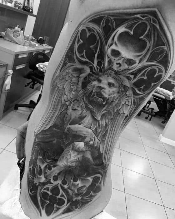 Sharp Lion Statue Male Tattoo Ideas Full Rib Cage Side Of Body