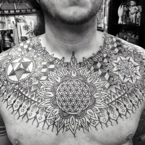 Sharp Mandala Male Tattoo Ideas On Upper Chest