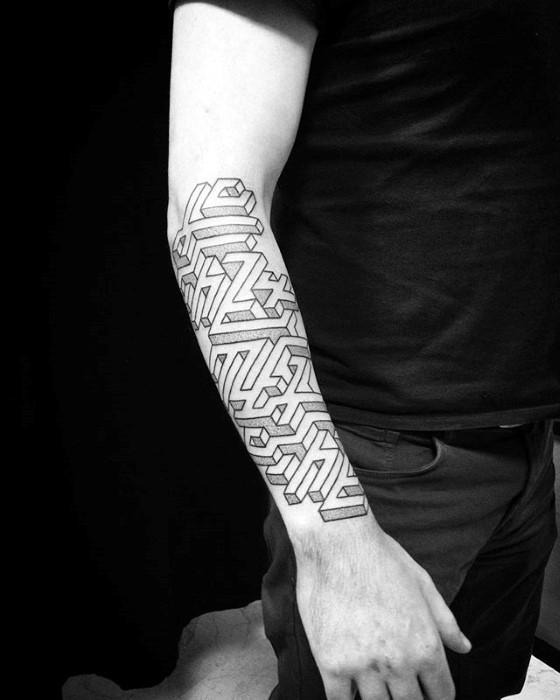 Sharp Maze Outer Forearm Male Tattoo Ideas