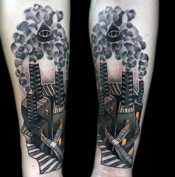 MC Escher-inspired forearm tattoo of an impossible factory with twisting staircases, smoke forming an eye, and bold surreal architecture.