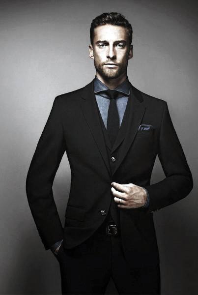 Sharp Mens Black Suit Styles With Blue Dress Shirt