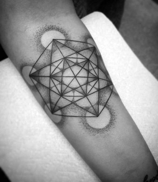 Metatron’s Cube tattoo with crisp black lines and dot-shaded circles, creating a clean, balanced, and harmonious sacred geometry design.