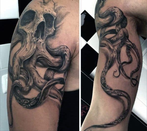 Skull surrounded by swirling octopus tentacles, with intricate shading and deep contrasts, creating a bold and dramatic tattoo design on the arm.