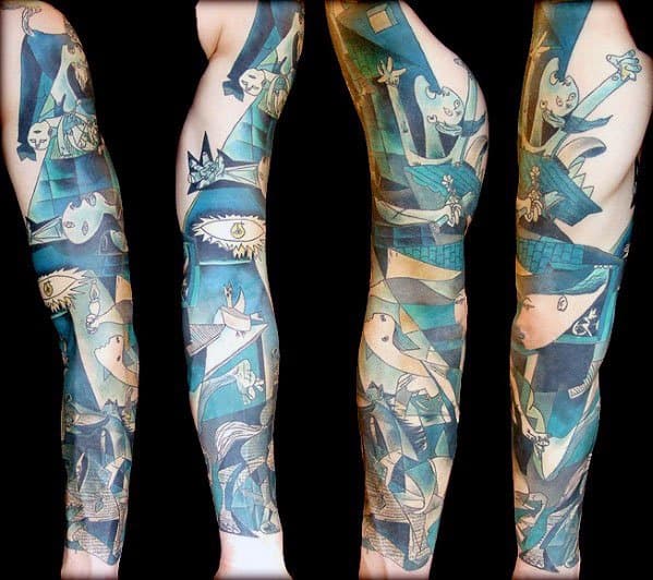 Full sleeve tattoo of Picasso’s *Guernica* in stylized blue tones, featuring expressive figures and cubist chaos with a modern twist.
