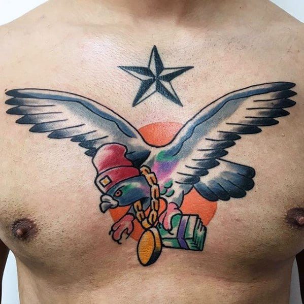 Colorful cartoon-style pigeon tattoo with gold chain, red beanie, and cash, soaring across the chest beneath a black star, blending humor and street flair.